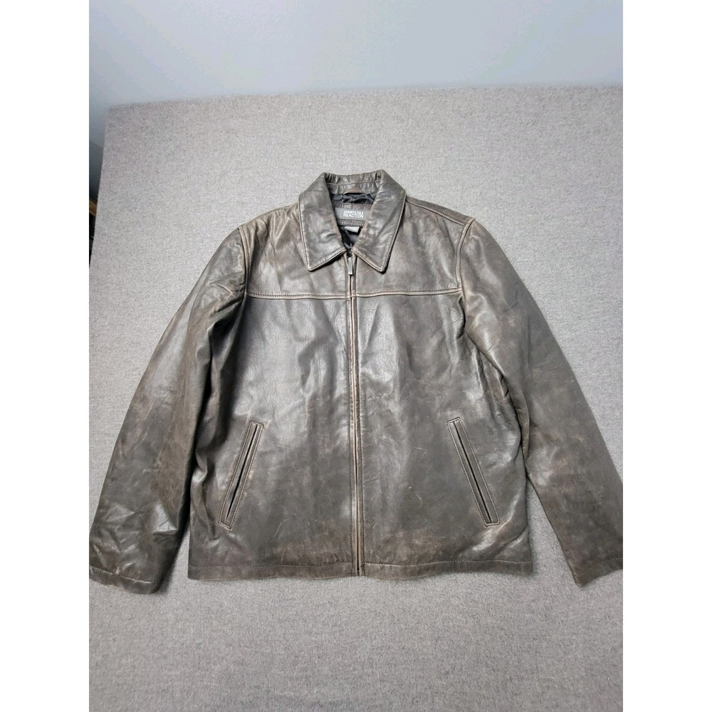 Kenneth Cole Reaction Men's Leather Jacket Brown Zip Coat XL Distressed